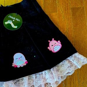 DOLLS KILL X SQUISHMALLOW NWT Mini Skirt Black Pink Lace M Medium Embroidered